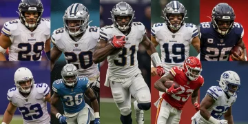 Dynamic collage of 2024 NFL viral highlights with players in action.