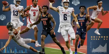 Dynamic collage of top 2025 college sports recruiting prospects in action, showcasing their athleticism and potential.