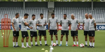 Soccer coaches discussing tactics on a field with training gear, symbolizing modern American soccer development.