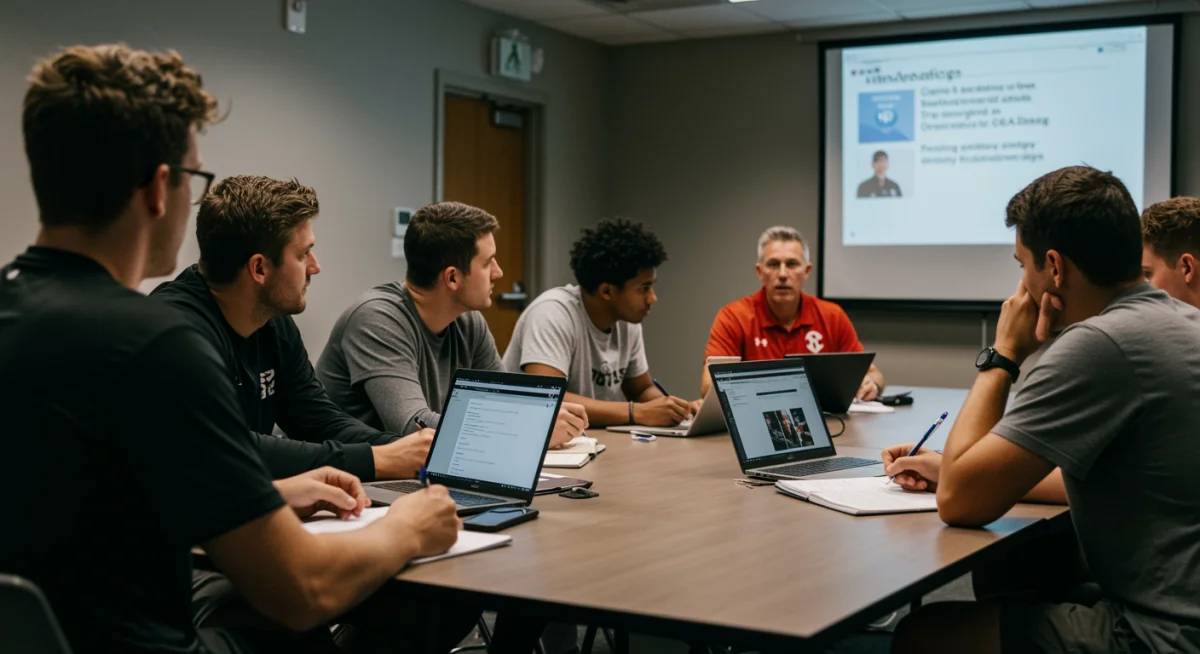 College athletes and staff learning about new NCAA guidelines.