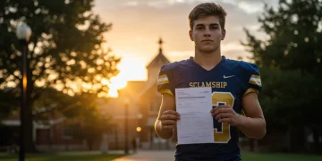 High school athlete holding scholarship offer on college campus