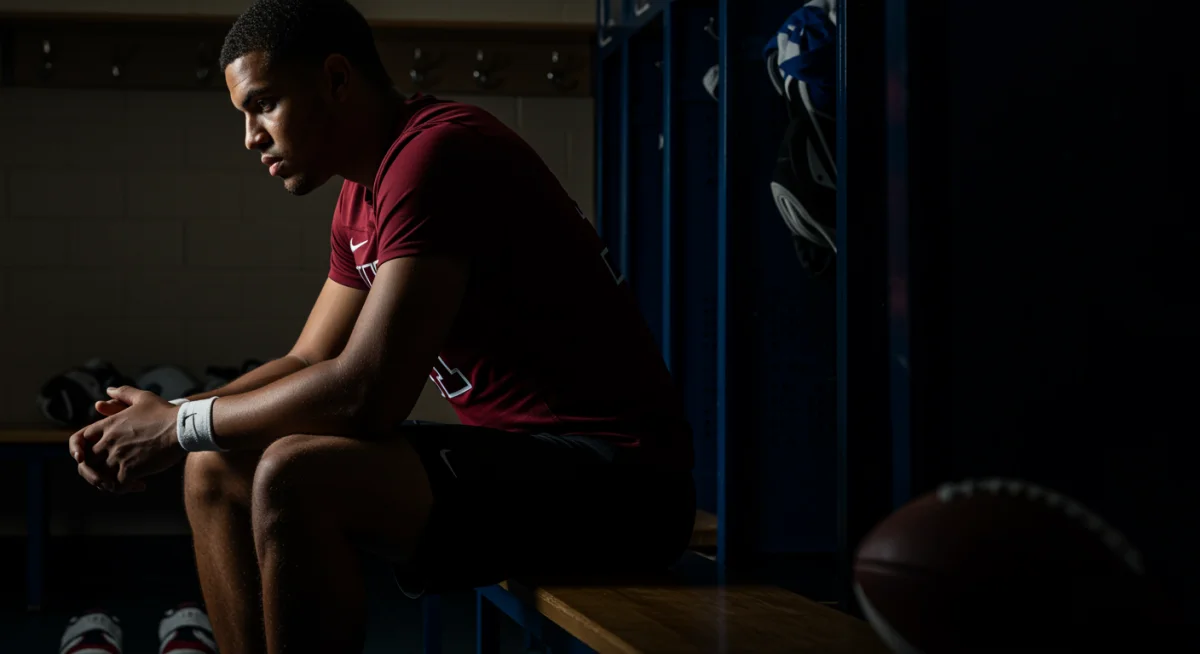 Stressed college athlete sitting alone in a locker room
