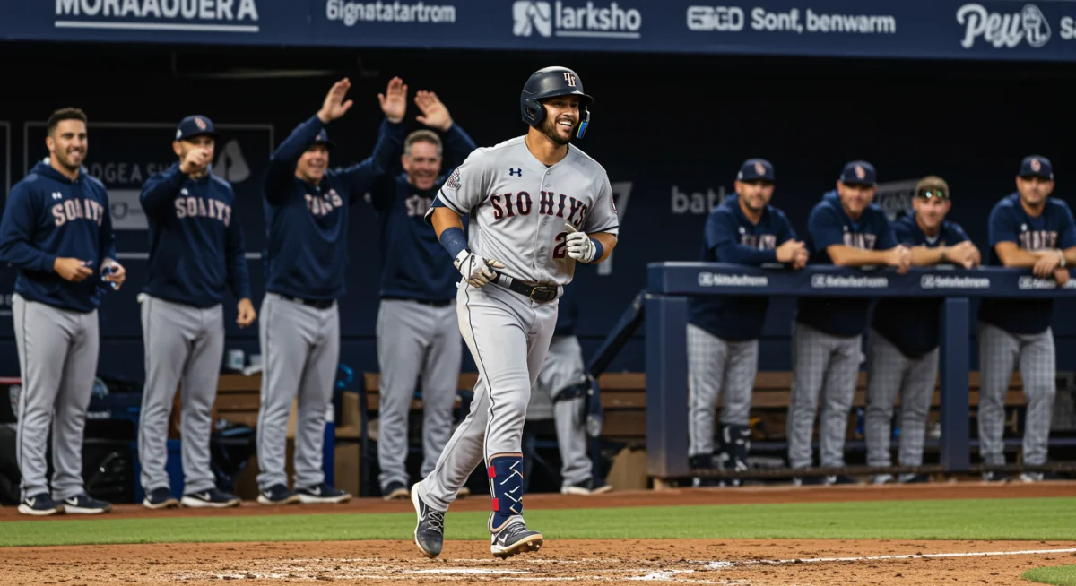 Baseball player celebrating a home run, rounding bases with team cheering