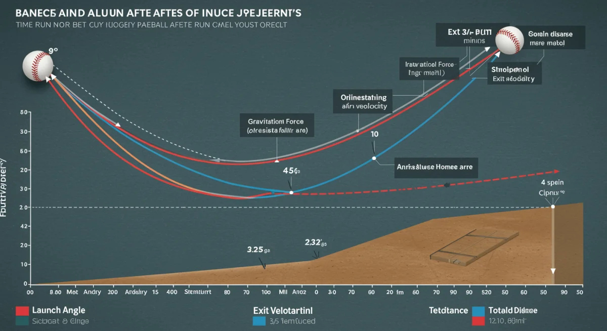 Infographic detailing the physics of a baseball home run flight path and key metrics.