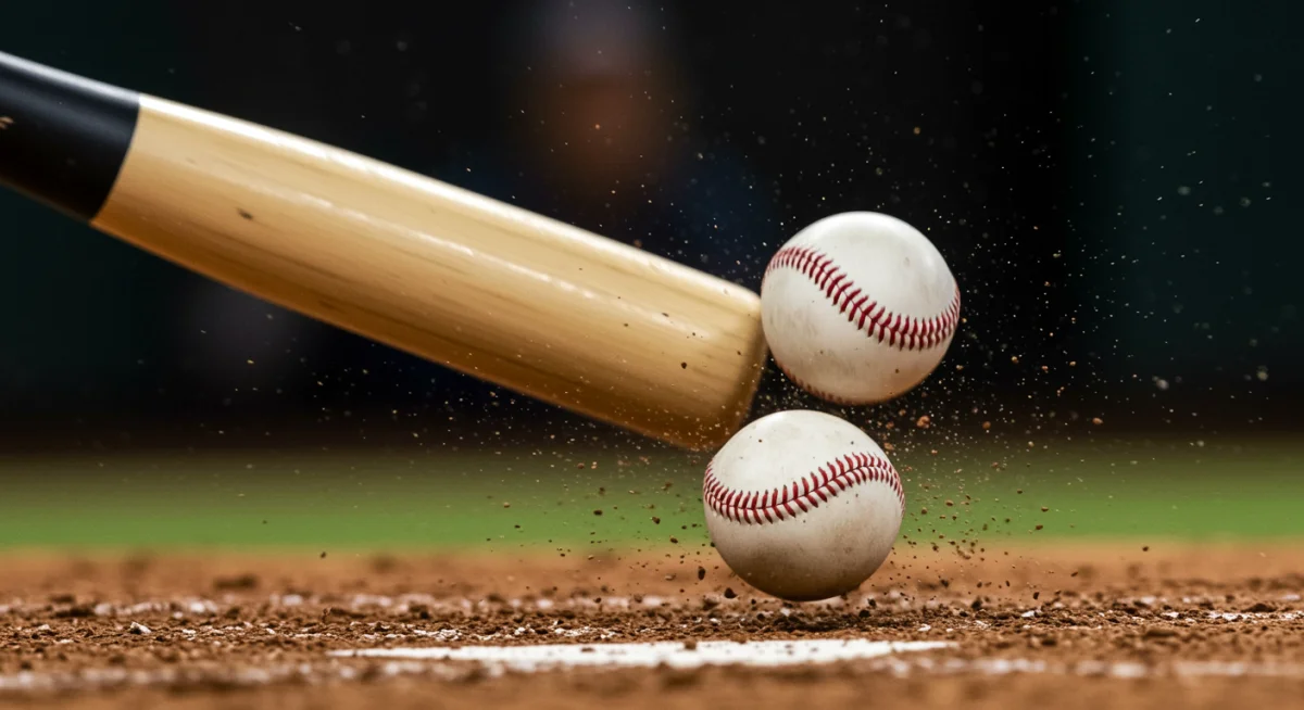 Baseball bat making powerful contact with a fastball during a crucial MLB game.