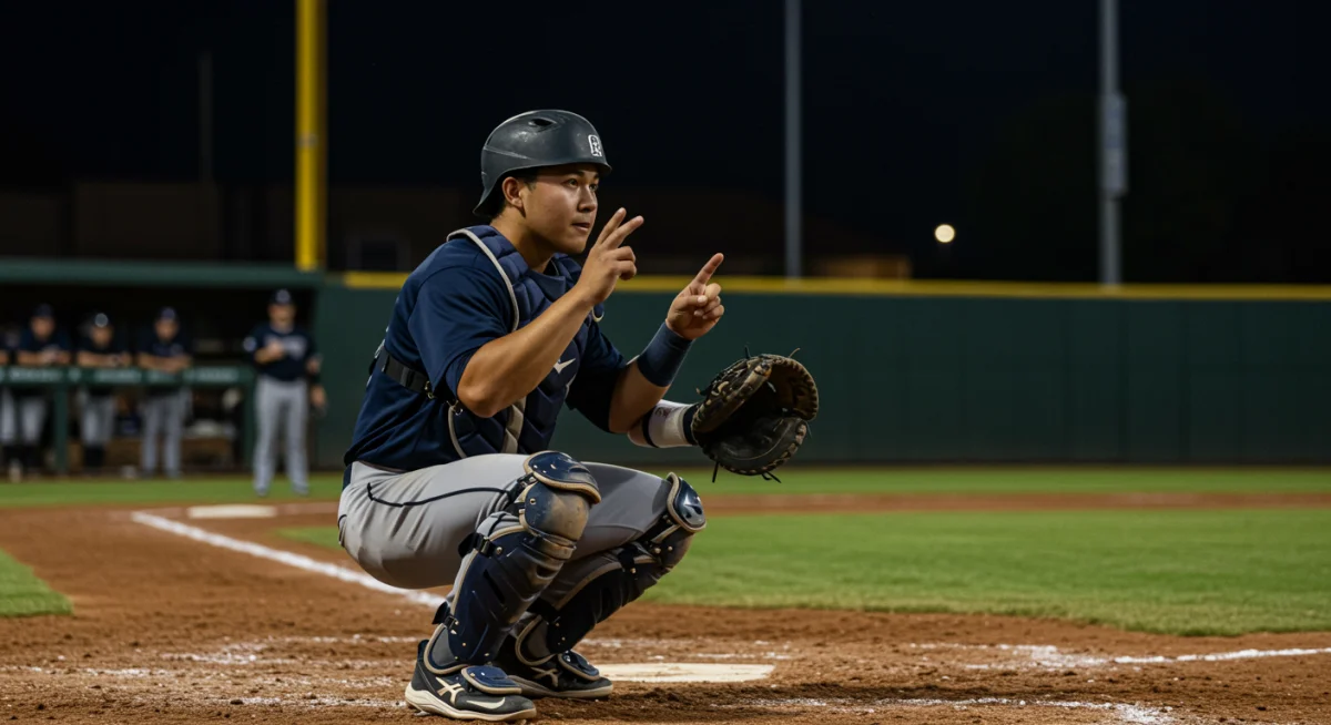 Catcher signaling to the dugout for strategic input during a game.