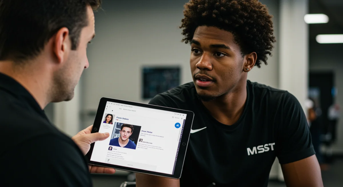 Coach reviewing athlete's social media profile during recruitment discussion