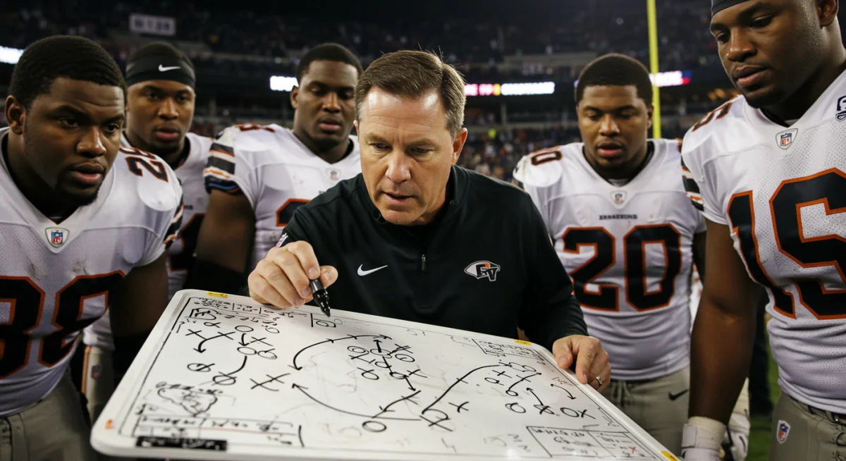 NFL coach drawing a strategic play on a whiteboard