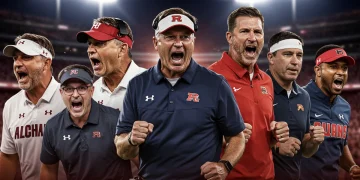 Seven college football coaches on a dynamic carousel representing the 2025 offseason changes