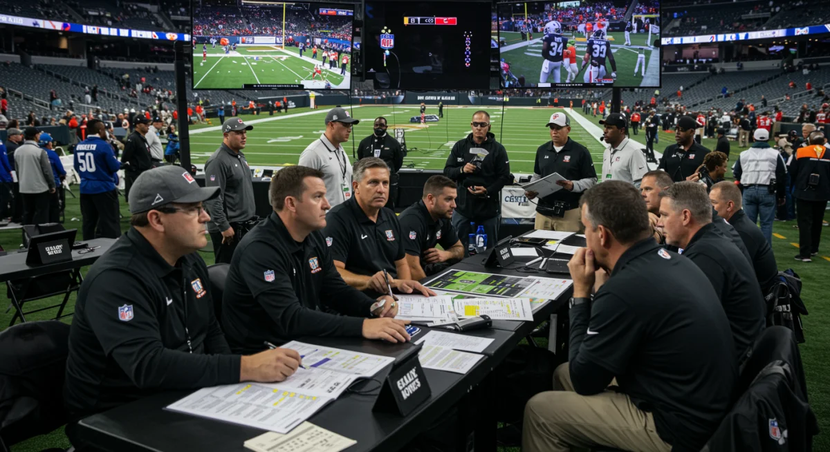 NFL coaching staff analyzing game footage, strategizing new rules.
