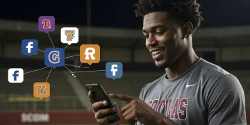 College athlete interacting with social media on a smartphone, surrounded by recruitment elements
