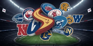 Future of College Athletics: Top 5 Conferences by 2030 Predictions Dynamic college athletic conference logos converging, predicting future dominance by 2030