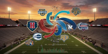 Dynamic graphic illustrating college conference realignment with team logos and financial data.