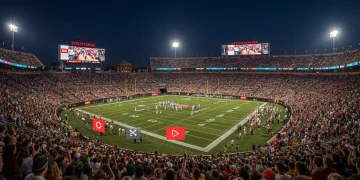 College football stadium at night with digital broadcasting overlays