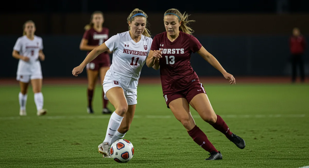 College soccer player demonstrating skillful dribbling during a match