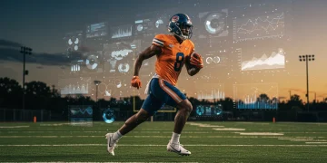 College athlete with data analytics overlays, symbolizing advanced sports performance