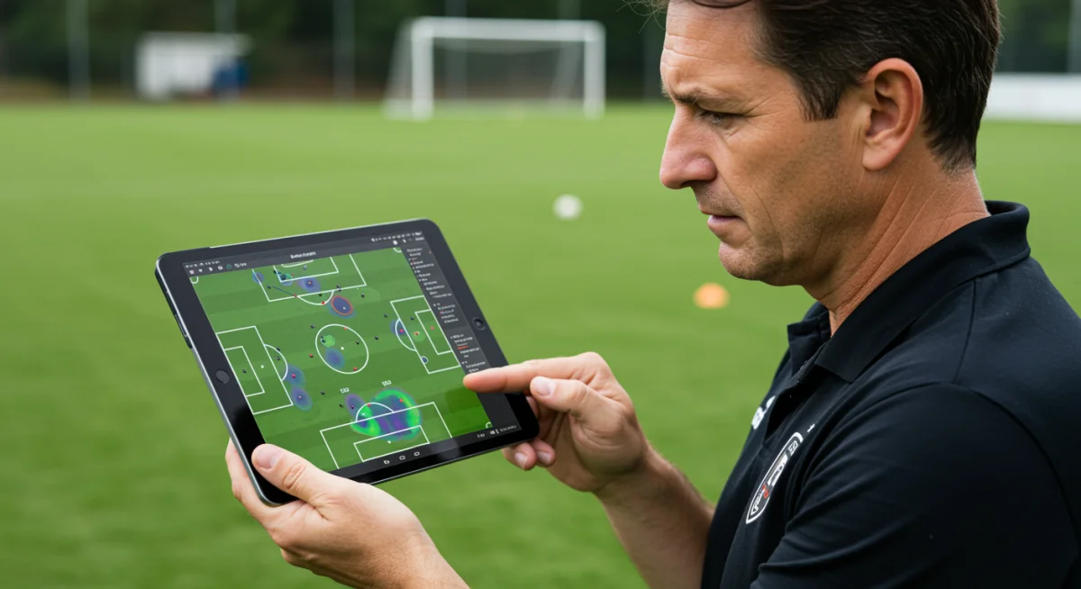 Soccer coach analyzing performance data on a tablet, showing heatmaps and player stats for data-driven tactical decisions.