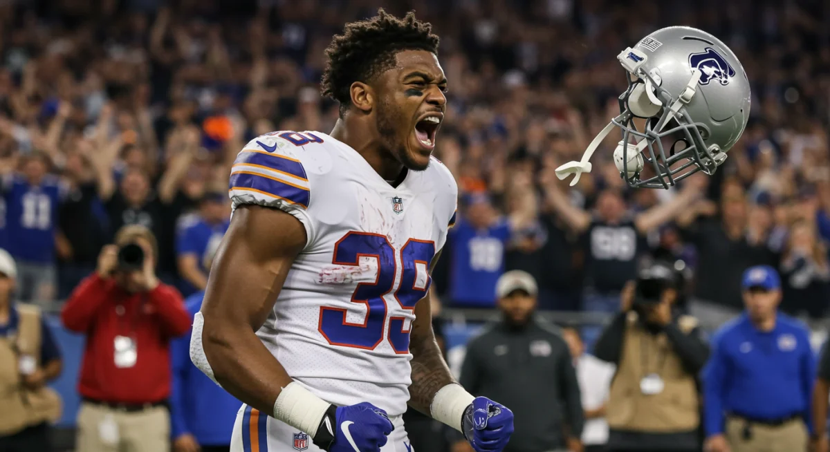 Defensive rookie celebrating a monumental play, showing raw emotion and crowd excitement.