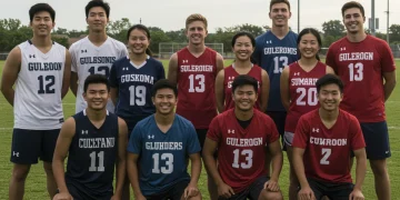 Diverse international college athletes united on a sports field.