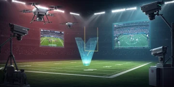 Futuristic football field with advanced cameras, drones, and holographic displays for NFL highlights.