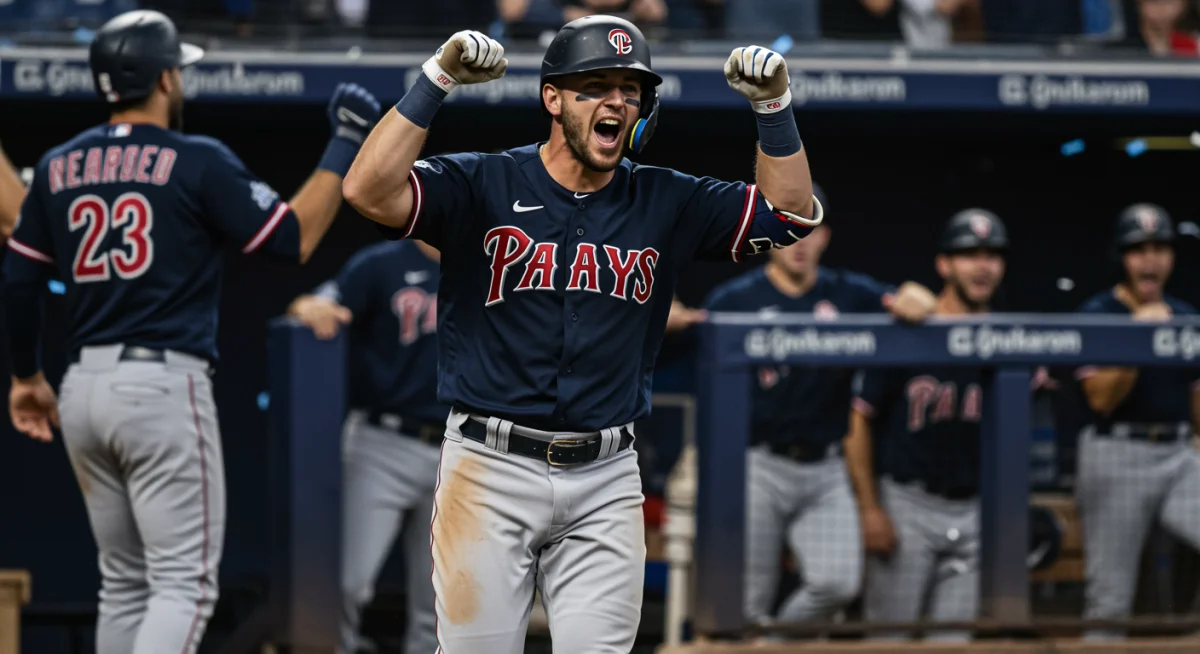 Baseball player celebrating game-winning home run with teammates