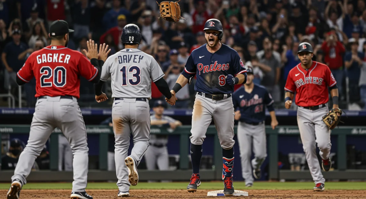 Baseball team celebrating a game-winning save by a reliever in 2025 MLB