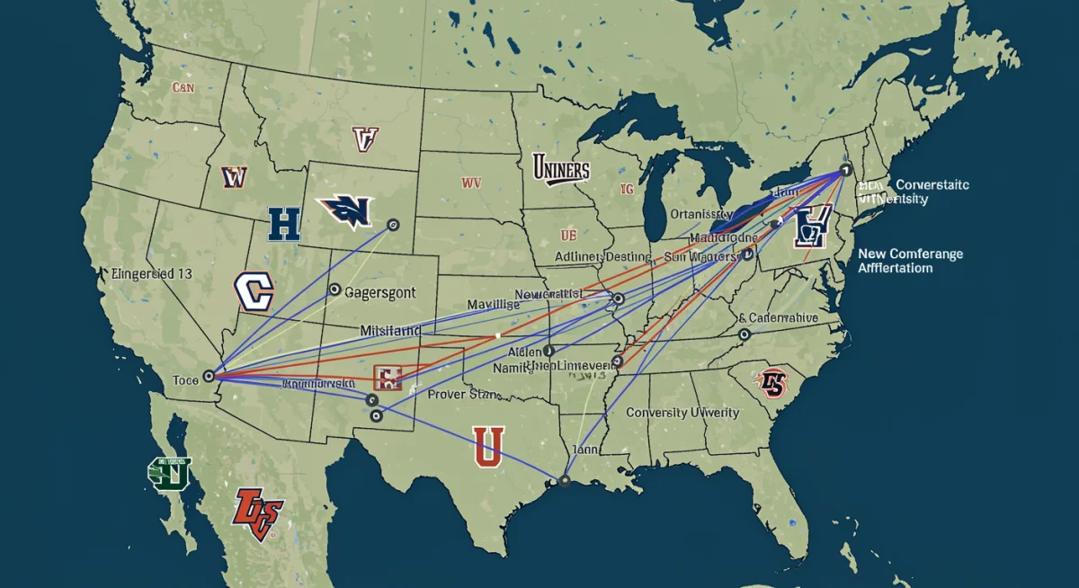 Map showing geographical shifts and new conference affiliations due to realignment.
