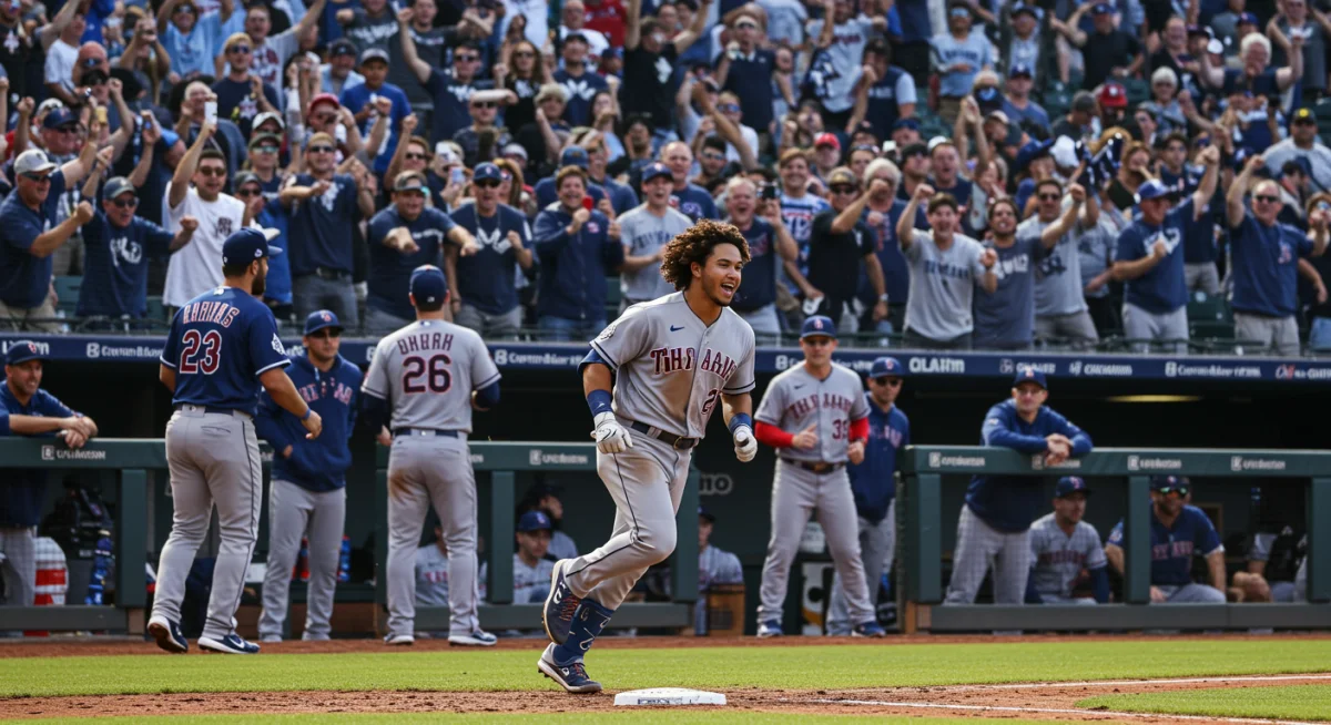 Baseball player celebrating a walk-off home run, rounding bases with joy.