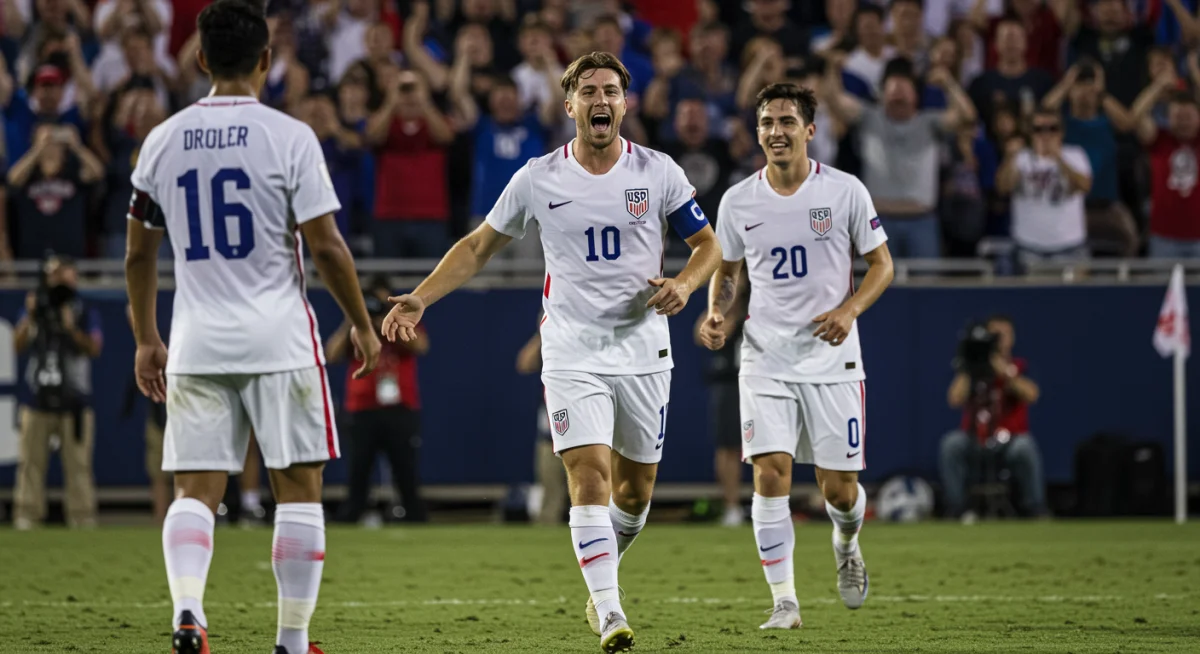 International soccer player celebrating with college teammates.