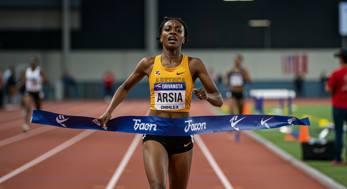 Female international track athlete winning a college race.