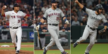 MLB Breakout Performances: Rookie to Legend in 90 Days Dynamic collage of three MLB breakout stars showcasing pitching, hitting, and fielding prowess.