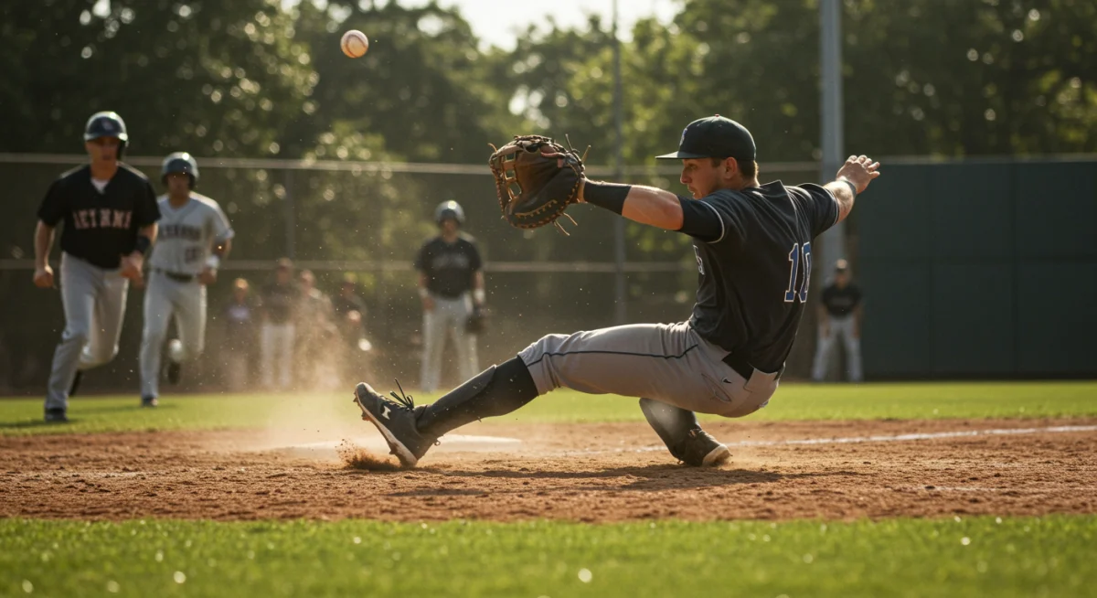 Catcher blocking wild pitch with runners on base