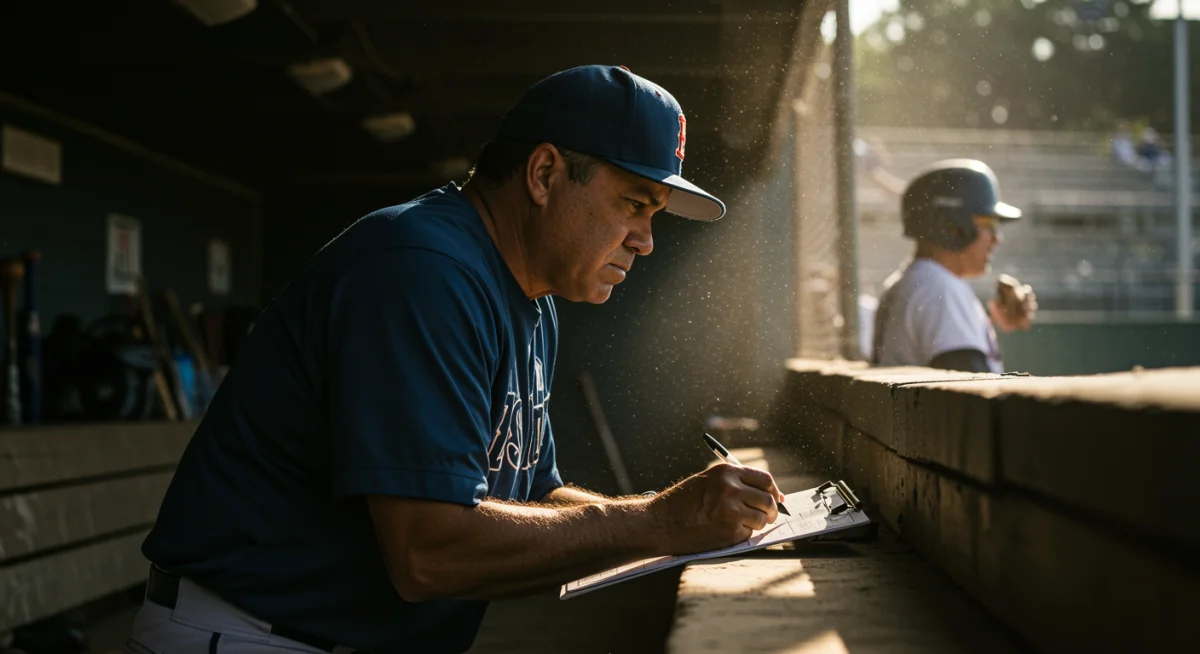 Baseball coach strategizing in the dugout, emphasizing the strategic value of defense.