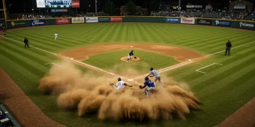 Baseball player sliding into home plate during a critical play in an MLB game