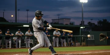 MLB Batting Brilliance: 3 Game-Winning Swings Analyzed Dynamic shot of a baseball player hitting a game-winning home run under stadium lights.