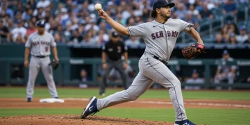 Dynamic MLB pitcher delivering a fastball, showcasing exceptional form and power on the mound.