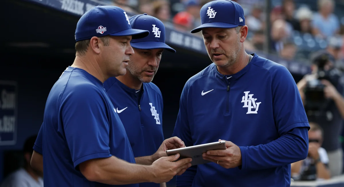 MLB pitching coach and pitcher strategizing in the dugout, reviewing game plans and opponent weaknesses.