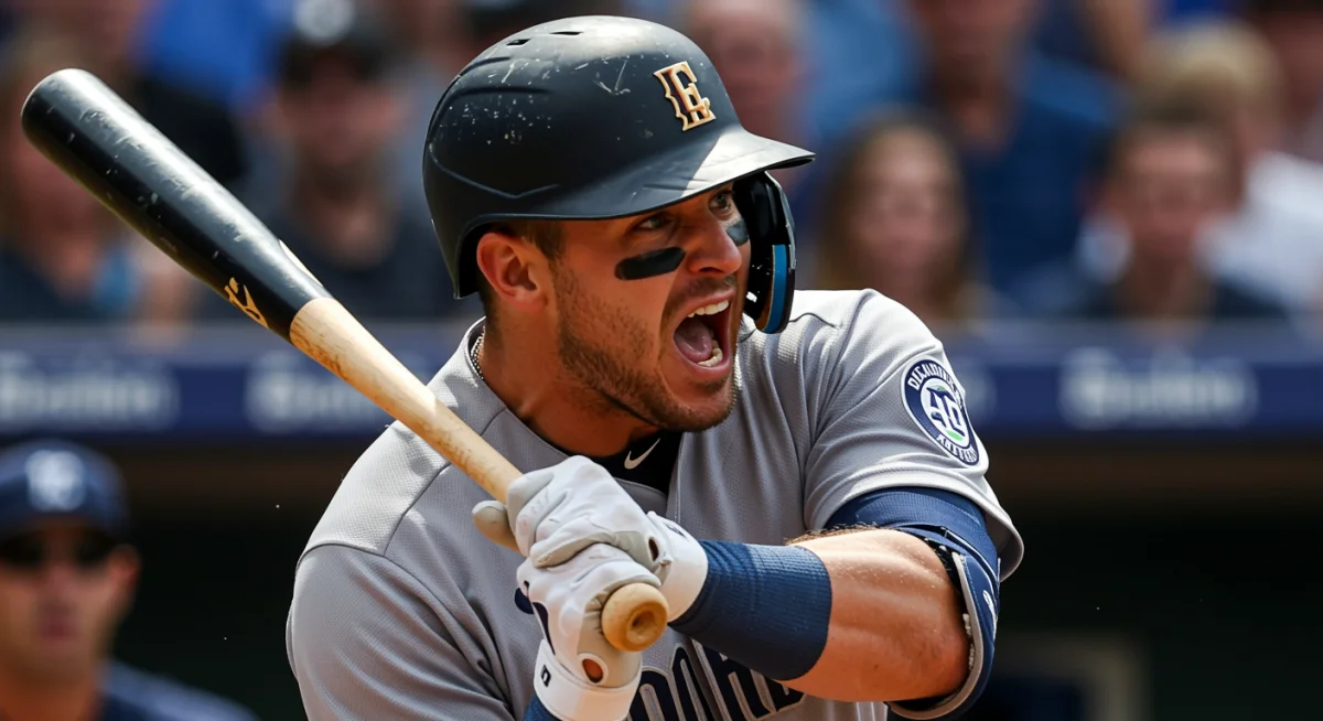 Close-up of a baseball player's powerful follow-through after hitting a home run.