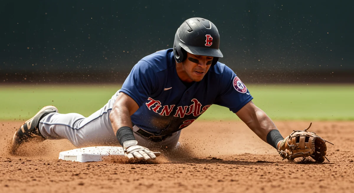 Baseball player sliding into base, demonstrating agility and defensive prowess.