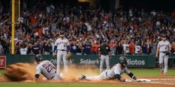 Baseball player sliding into home plate, celebrating a shocking upset victory