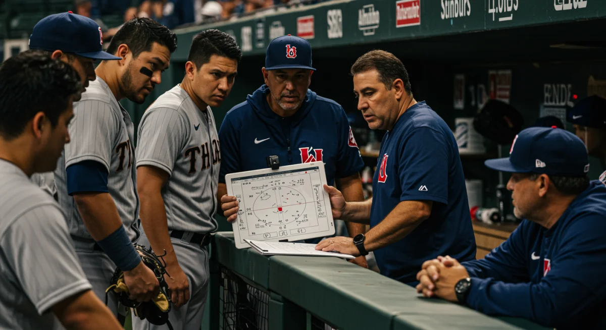 MLB team strategizing in the dugout, reviewing game plans.