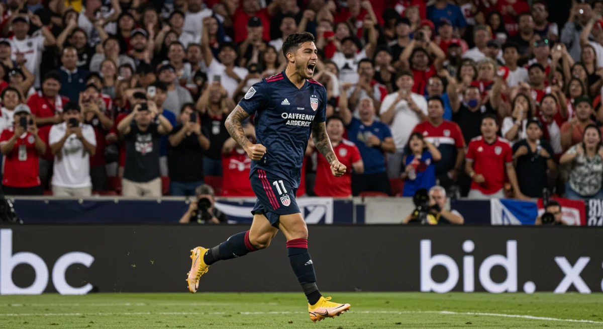 Soccer player celebrating a goal in a stadium filled with diverse, cheering fans.