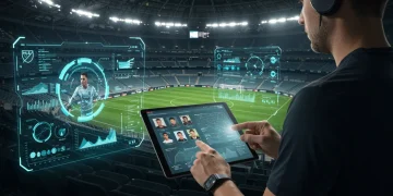 Futuristic MLS scouting scene with data analytics displays