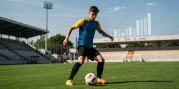Dynamic soccer player with ball on field, stadium background, representing 2025 MLS SuperDraft talent