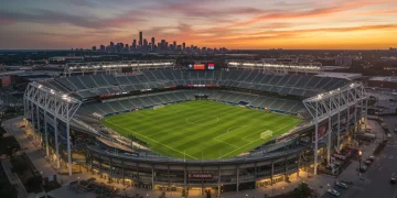 Modern soccer stadium at sunset, showcasing advanced architectural design and lush green field, symbolizing the future of US soccer.