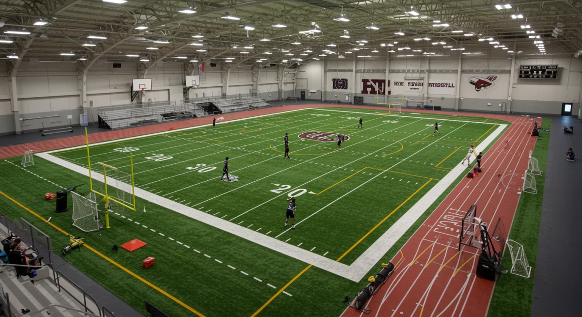 Aerial view of multi-sport indoor practice facility