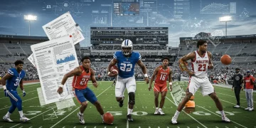 Illustration of NCAA enforcement changes impacting college athletes and programs.