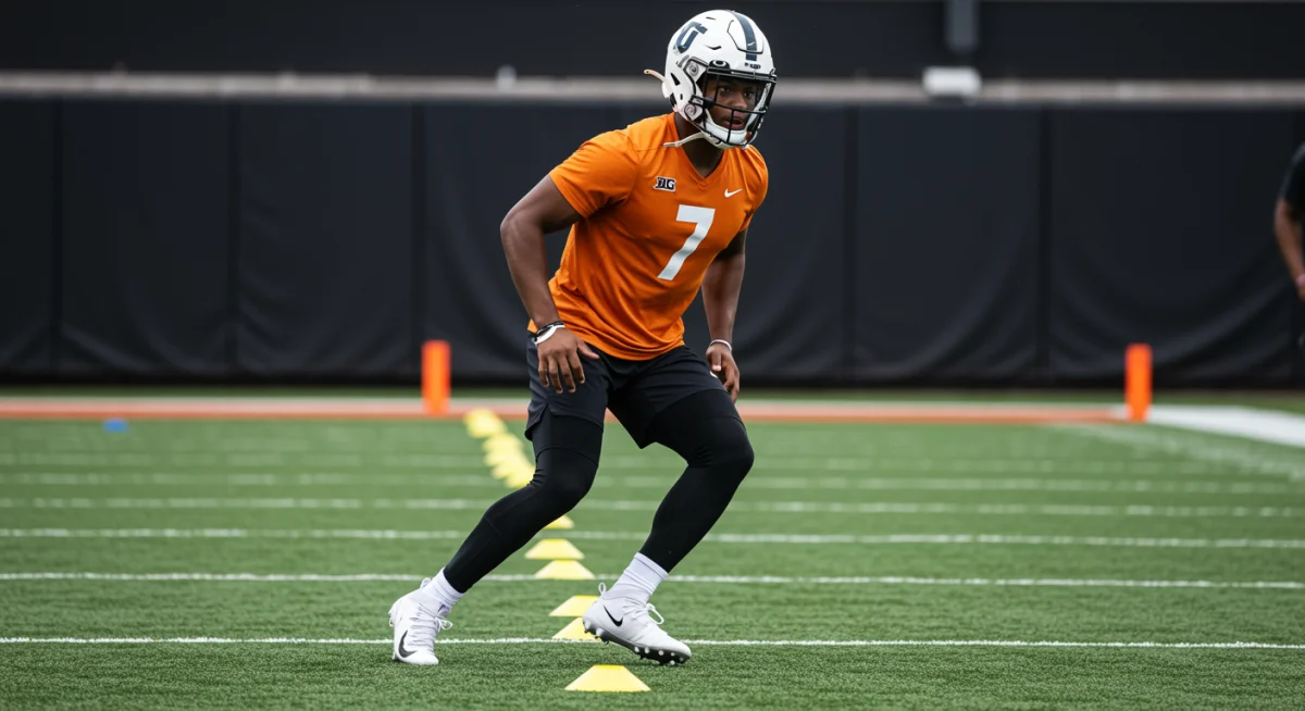 Football prospect executing the three-cone drill with agility and speed