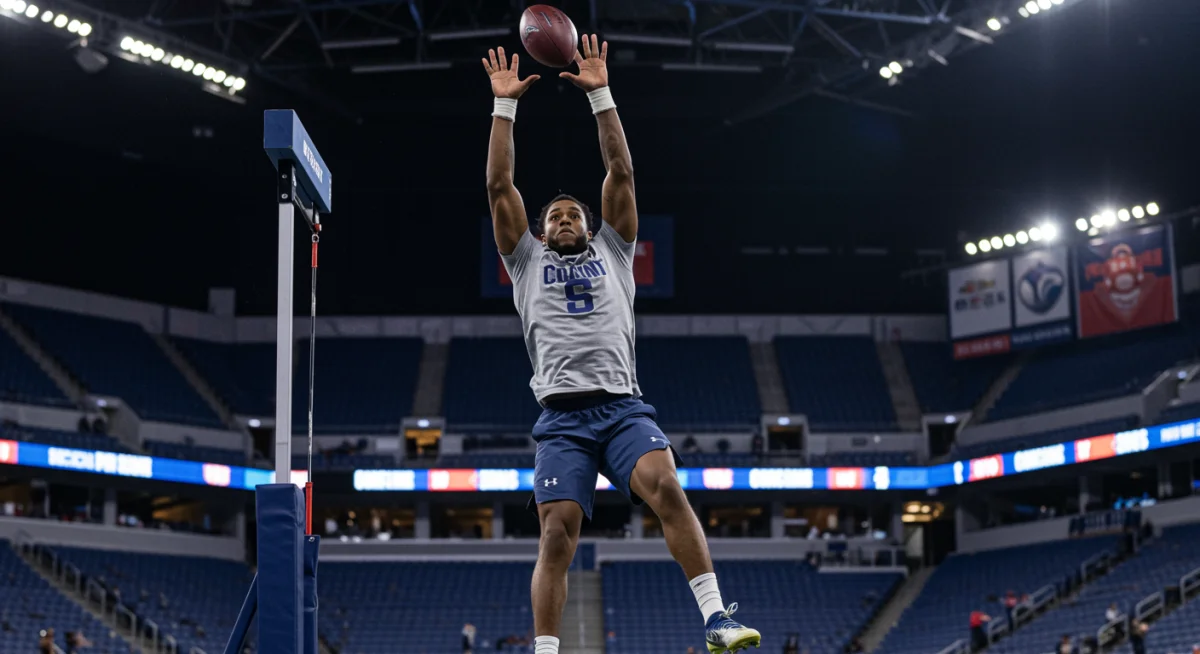 Athlete performing vertical jump at NFL Combine, demonstrating explosive power