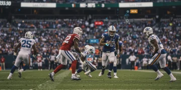 Data analytics revealing clutch NFL performances with glowing statistical overlays